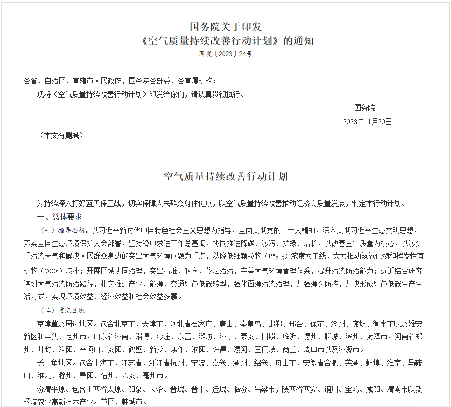 全文！國務(wù)院印發(fā)《空氣質(zhì)量持續(xù)改善行動計(jì)劃》